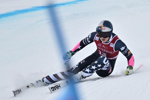 US Lindsey Vonn competes in the women's Super G event during the FIS Alpine Ski World Cup 2025-2026, in Val d'Isere, southwestern France, on December 21, 2025. (Photo by Jeff PACHOUD / AFP)