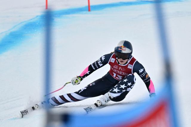 US Lindsey Vonn competes in the women's Super G event during the FIS Alpine Ski World Cup 2025-2026, in Val d'Isere, southwestern France, on December 21, 2025. (Photo by Jeff PACHOUD / AFP)