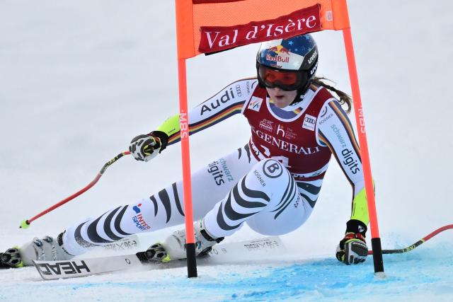Germany's Emma Aicher competes in the women's Super G event during the FIS Alpine Ski World Cup 2025-2026, in Val d'Isere, southwestern France, on December 21, 2025. (Photo by Jeff PACHOUD / AFP)
