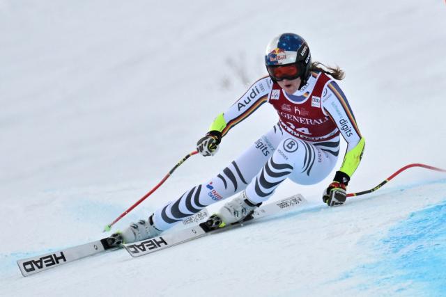 Germany's Emma Aicher competes in the women's Super G event during the FIS Alpine Ski World Cup 2025-2026, in Val d'Isere, southwestern France, on December 21, 2025. (Photo by Jeff PACHOUD / AFP)