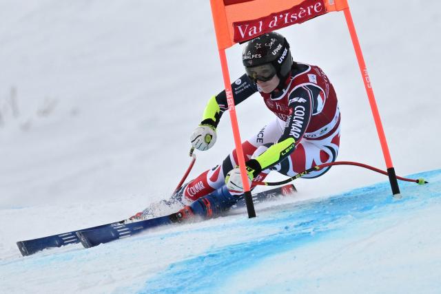France's Romane Miradoli competes in the women's Super G event during the FIS Alpine Ski World Cup 2025-2026, in Val d'Isere, southwestern France, on December 21, 2025. (Photo by Jeff PACHOUD / AFP)