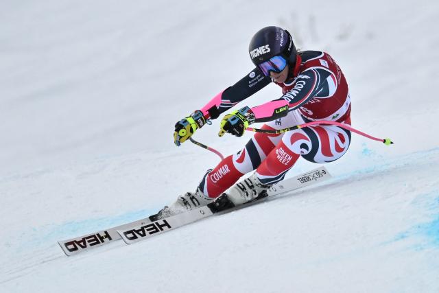 France's Laura Gauche competes in the women's Super G event during the FIS Alpine Ski World Cup 2025-2026, in Val d'Isere, southwestern France, on December 21, 2025. (Photo by Jeff PACHOUD / AFP)