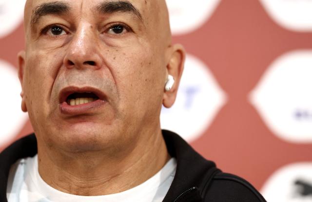 Egypt's head coach Hossam Hassan attends a press conference at the Agadir Grand Stadium, Morocco, on December 21, 2025, on the eve of the 2025 Africa Cup of Nations (CAN) football match between Egypt and Zimbabwe. (Photo by FRANCK FIFE / AFP)