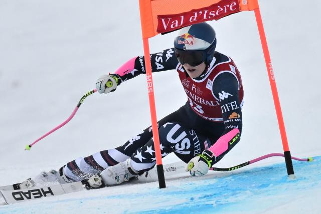 US Lindsey Vonn competes in the women's Super G event during the FIS Alpine Ski World Cup 2025-2026, in Val d'Isere, southwestern France, on December 21, 2025. (Photo by Jeff PACHOUD / AFP)