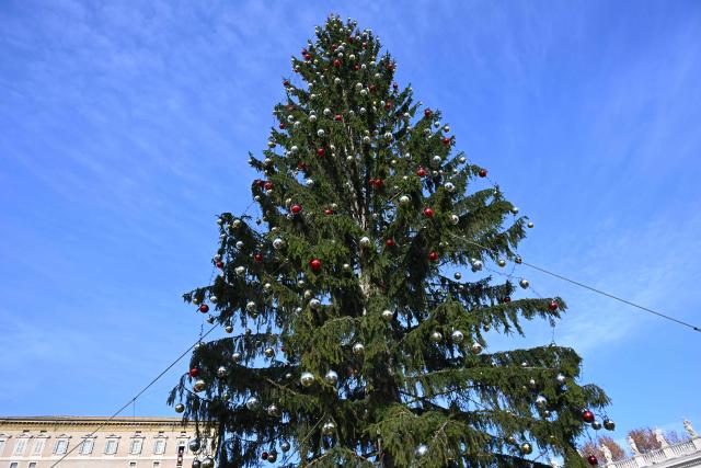 A Christmas tree is installed in St. Peter's Square as Pope Leo XIV addresses the crowd from a window of the apostolic palace overlooking the square during the Angelus prayer in The Vatican on December 21, 2025. (Photo by Andreas SOLARO / AFP)
