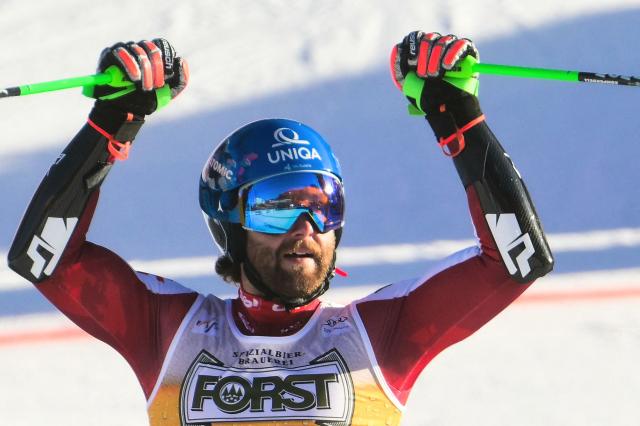 Austria's Marco Schwarz reacts after competing in the second run to win the Men's Giant Slalom, part of the FIS Alpine Ski World Cup 2025-2026, in Alta Badia, northern Italy, on December 21, 2025. (Photo by Stefano RELLANDINI / AFP)