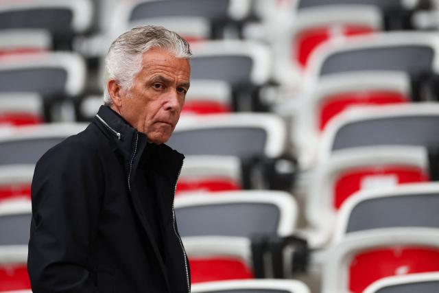 French new president of OGC Nice Jean-Pierre Rivere reacts prior to the French Cup round of 64 football match between OGC Nice and Saint-Etienne at the Allianz Riviera Stadium in Nice, south-eastern France, on December 21, 2025. (Photo by Valery HACHE / AFP)