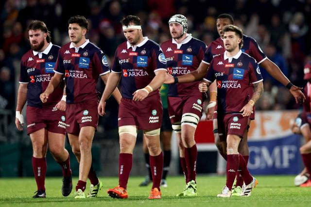 Bordeaux’ players react during the French Top14 rugby union match between Union Bordeaux-Begles (UBB) and Rugby Club Toulonnais (Toulon) at the Chaban-Delmas Stadium in Bordeaux, south-western France on December 21, 2025. (Photo by ROMAIN PERROCHEAU / AFP)