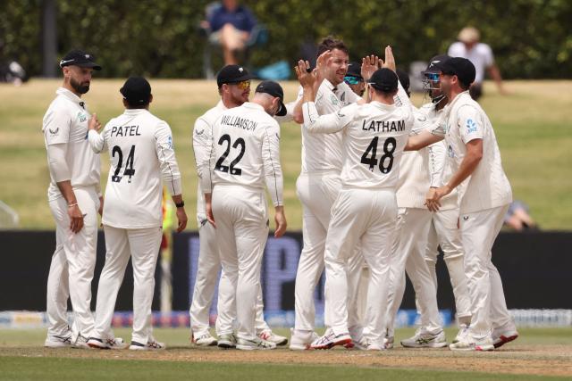 New Zealand’s Jacob Duffy (C) celebrates the wicket of West Indies Brandon King during day five of the 3rd international Test cricket match between New Zealand and West Indies at Bay Oval in Mount Maunganui, Tauranga, New Zealand on December 22, 2025. (Photo by Michael Bradley / AFP)