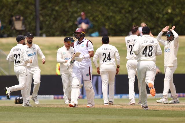 West Indies Brandon King is dismissed during day five of the 3rd international Test cricket match between New Zealand and West Indies at Bay Oval in Mount Maunganui, Tauranga, New Zealand on December 22, 2025. (Photo by Michael Bradley / AFP)