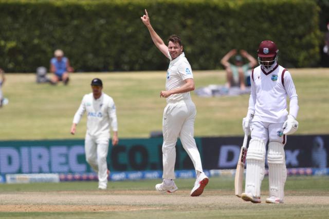 New Zealand’s Jacob Duffy celebrates the wicket of West Indies Alick Athanaze during day five of the 3rd international Test cricket match between New Zealand and West Indies at Bay Oval in Mount Maunganui, Tauranga, New Zealand on December 22, 2025. (Photo by Michael Bradley / AFP)