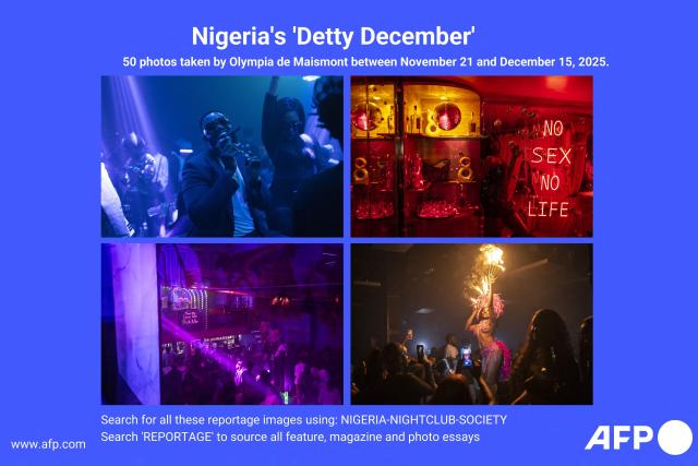 AFP presents a reportage of 50 pictures taken by photographer Olympia de Maismont of Nigeria's “Detty December” in Lagos between between November 21 and December 15, 2025.
“Detty December” refers to the lively Lagos tradition where December is packed with nonstop parties, concerts, nightlife, and cultural events, fuelled by returning diaspora Nigerians and heightened local celebration. The city becomes especially vibrant and crowded as entertainment and tourism peak. The spelling “detty” comes from Nigerian Pidgin English, where it is a playful version of “dirty” that implies excess, intensity, and carefree fun.. Search all these reportage images using: NIGERIA-NIGHTCLUB-SOCIETY
Search "REPORTAGE" to source all feature, magazine and photo essays. (Photo by OLYMPIA DE MAISMONT / AFP)