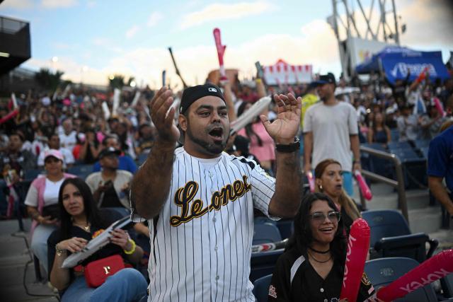A fan of Leones del Caracas cheers for his team during the baseball game between Navegantes del Magallanes and Leones del Caracas at the Simon Bolivar Monumental Stadium in Caracas, on December 21, 2025. (Photo by Federico PARRA / AFP)