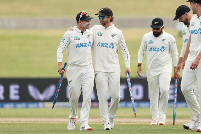 New Zealand’s Tom Latham (L) and Devon Conway leave the field at the end of play on day five of the 3rd international Test cricket match between New Zealand and West Indies at Bay Oval in Mount Maunganui, Tauranga, New Zealand on December 22, 2025. (Photo by Michael Bradley / AFP)