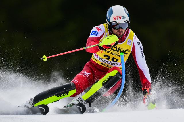Austria's Johannes Strolz competes in the first run of the Men's Slalom event, part of the FIS Alpine Ski World Cup 2025-2026, in Alta Badia, northern Italy, on December 22, 2025. (Photo by Stefano RELLANDINI / AFP)