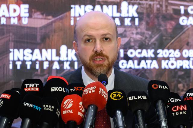 Son of Turkey's President Recep Tayyip Erdogan and member of the Turkey Youth Foundation (TUGVA) High Advisory Board Bilal Erdogan addresses the audience during a press conference ahead of the rally "We don't remain silent, we don't forget Palestine" scheduled for January 1, 2026 in Istanbul on December 22, 2025. (Photo by Yasin AKGUL / AFP)
