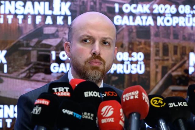 Son of Turkey's President Recep Tayyip Erdogan and member of the Turkey Youth Foundation (TUGVA) High Advisory Board Bilal Erdogan addresses the audience during a press conference ahead of the rally "We don't remain silent, we don't forget Palestine" scheduled for January 1, 2026 in Istanbul on December 22, 2025. (Photo by Yasin AKGUL / AFP)