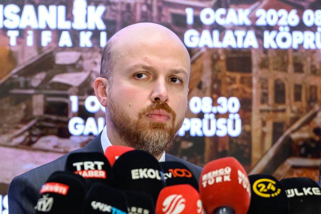 Son of Turkey's President Recep Tayyip Erdogan and member of the Turkey Youth Foundation (TUGVA) High Advisory Board Bilal Erdogan looks on as he addresses the audience during a press conference ahead of the rally "We don't remain silent, we don't forget Palestine" scheduled for January 1, 2026 in Istanbul on December 22, 2025. (Photo by Yasin AKGUL / AFP)