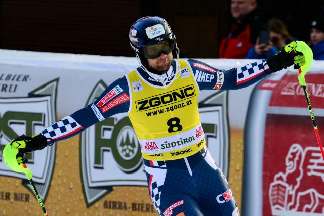 Croatia's Samuel Kolega reacts after competing in the second run of the Men's Slalom event, part of the FIS Alpine Ski World Cup 2025-2026, in Alta Badia, northern Italy, on December 22, 2025. (Photo by Stefano RELLANDINI / AFP)