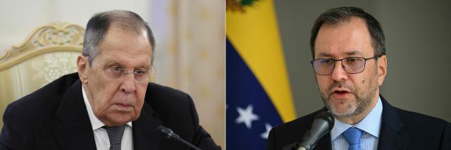 (COMBO) This combination of pictures created on December 22, 2025 shows Russian Foreign Minister Sergei Lavrov attending a meeting with his Iranian counterpart in Moscow on December 17, 2025, and Venezuela's Foreign Minister Yvan Gil speaking during a press conference at the Ministry of Foreign Affairs in Caracas on September 13, 2025. Russia ‘ratified its full support’ for its ally Venezuela in the face of the United States' blockade of sanctioned oil tankers amid its military deployment in the Caribbean, the foreign ministers of both countries said on December 22, 2025 after a telephone call. (Photo by Ramil Sitdikov and Federico PARRA / various sources / AFP)