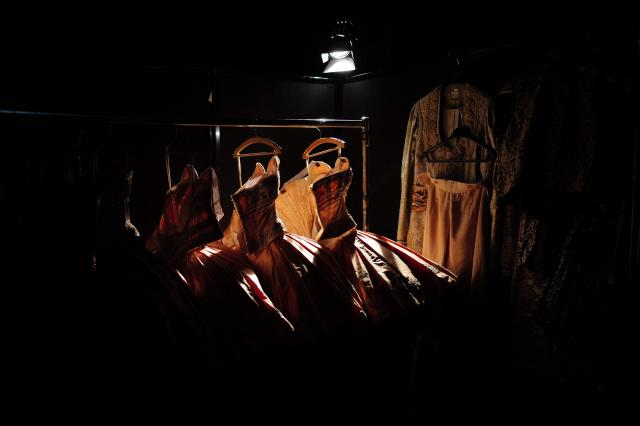 This photograph shows dresses of dancers of the Monte-Carlo ballet during the rehearsal of the "Ma Bayadere" ballet show, a creation by French dancer and choreographer Jean-Christophe Maillot, in Monaco on December 22, 2015. The show will take place from December 27, 2025 until January 4, 2026 at the Grimaldi Forum in Monaco. (Photo by Valery HACHE / AFP)