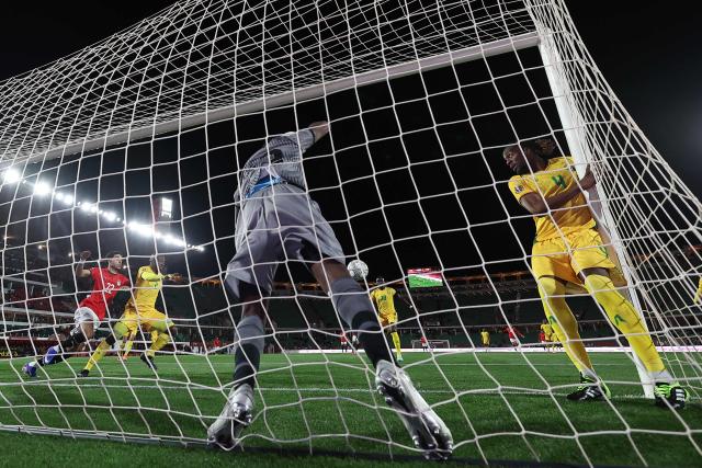 Zimbabwe's goalkeeper #22 Washington Arubi makes a save during the Africa Cup of Nations (CAN) group B football match between Egypt and Zimbabwe at Adrar Stadium in Agadir on December 22, 2025. (Photo by FRANCK FIFE / AFP)