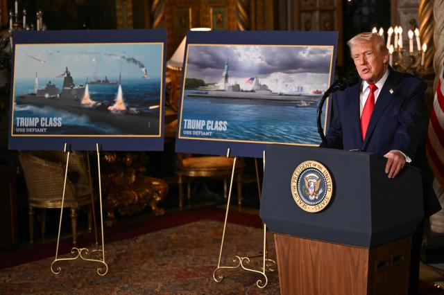 US President Donald Trump announces the US Navy’s new Golden Fleet initiative, unveiling a new class of warships, at Mar-a-Lago in Palm Beach, Florida, on December 22, 2025. (Photo by ANDREW CABALLERO-REYNOLDS / AFP)