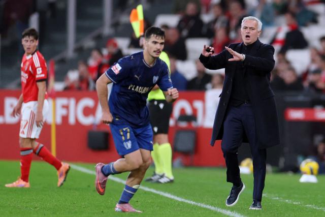 SL Benfica's Portuguese head coach Jose Mourinho reacts during the Portuguese League football match between SL Benfica and FC Famalicao at Estadio da Luz in Lisbon on December 22, 2025. (Photo by PATRICIA DE MELO MOREIRA / AFP)