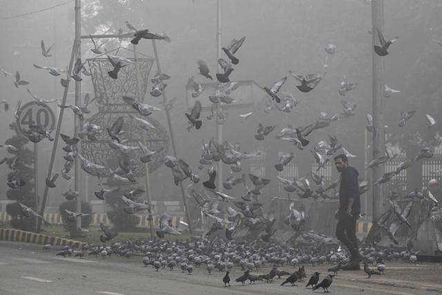 A man walks along a road amid smoggy conditions in Lahore on December 23, 2025. (Photo by Arif ALI / AFP)
