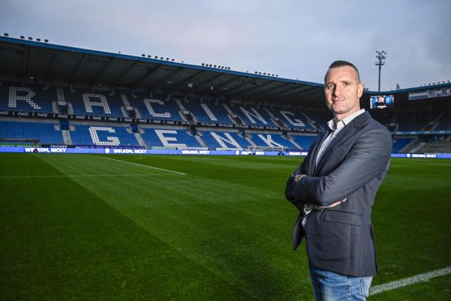 KRC Genk's Belgian new head coach Nicky Hayen poses for a photograph as he is presented to the press at the Cegeka Arena in Genk, on December 23, 2025. (Photo by Tom Goyvaerts / Belga / AFP) / Belgium OUT