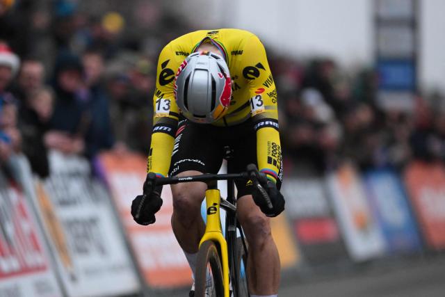 Team Visma | Lease a Bike's Belgian rider Wout van Aert reacts as he crosses the finish line of the men's elite race at the cyclo-cross cycling event, stage 5 out of 8 of the Superprestige competition, in Heusden-Zolder on December 23, 2025. (Photo by DAVID PINTENS / Belga / AFP) / Belgium OUT