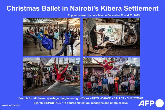 AFP presents a reportage by photographer Luis Tato of 31 photos of Project Elimu’s annual Christmas ballet rehearsals and performance in the Kibera informal settlement of Nairobi, on December 22 and 23, 2025.

Search for all these reportage images using: KENYA - ARTS - DANCE - BALLET - CHRISTMAS
Search ‘REPORTAGE ’ to source all feature, magazine and photo essays. At Project Elimu’s Kibera Ballet School in Nairobi, young dancers engage with classical ballet as part of a community-led arts programme that fosters discipline, creativity and confidence. Founded by Kenyan dancer Mike Wamaya, the free classes form part of a wider initiative supporting artistic expression, learning and personal growth. (Photo by Luis TATO / AFP)