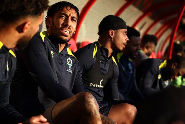 Gabon's forward #09 Pierre-Emerick Aubameyang attends a training session at the Stadium in Taghzout, on December 23, 2025, on the eve of the 2025 Africa Cup of Nations (CAN) football match between Cameroon and Gabon. (Photo by FRANCK FIFE / AFP)