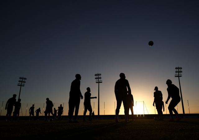 Gabon's players train during a training session at the Stadium in in Taghzout, on December 23, 2025, on the eve of the 2025 Africa Cup of Nations (CAN) football match between Cameroon and Gabon. (Photo by FRANCK FIFE / AFP)