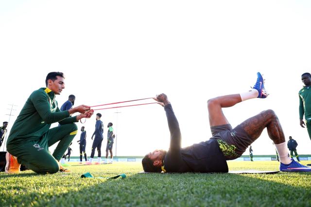 Gabon's forward #09 Pierre-Emerick Aubameyang stretches during a training session at the Stadium in Taghzout, on December 23, 2025, on the eve of the 2025 Africa Cup of Nations (CAN) football match between Cameroon and Gabon. (Photo by FRANCK FIFE / AFP)