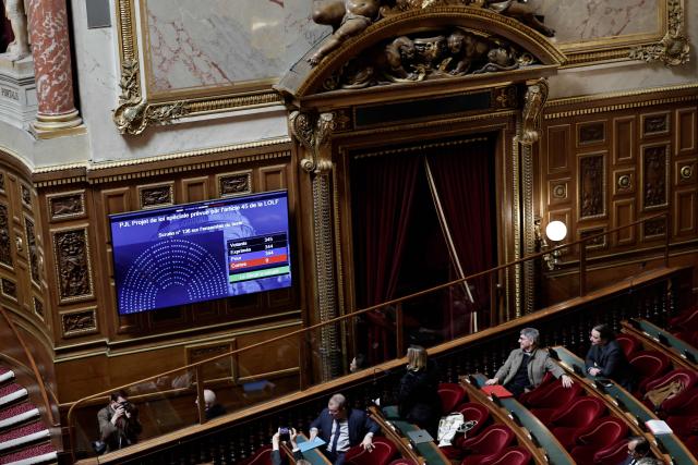This photo shows a screen displaying the results of the vote following a solemn examination and vote on the special budget bill presented by the government to continue to provisionally finance the State and administrations, at the Senate, the French Parliament upper house, in Paris on December 23, 2025. In the absence of a budget passed before December 31 2025, a special law will be submitted to Parliament, a legislative tool intended to ensure the continuity of the State in order to temporarily escape the budgetary impasse. (Photo by STEPHANE DE SAKUTIN / AFP)