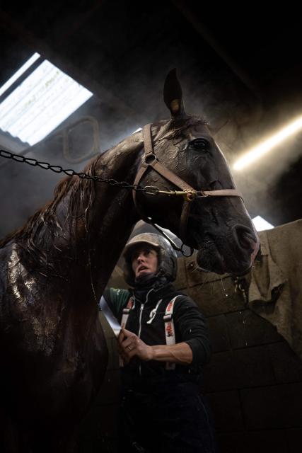 French drivers Delphine Ernault bathes horse Josh Power after a training session at the Le Long Bois in Saint-Come-du-Mont, northwestern France on December 23, 2025. Horse Josh Power has qualified, and is one of the favorites, for the 105th edition of the Prix d'Amerique, which will be held at the Paris-Vincennes racecourse on January 25, 2026. (Photo by LOU BENOIST / AFP)