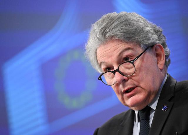 (FILES) EU commissioner for internal market and consumer protection, industry, research and energy Thierry Breton talks during a press conference after the college meeting with High Representative of the European Union for Foreign Affairs and Security Policy, Josep Borrell (unseen), and European Commission vice-president in for a Europe fit for the digital, Margrethe Vestager (unseen), on the European Defence Industrial Strategy and the European Defence Investment Programme at the Eu headquarters in Brussels on March 5, 2024. France's President and the French political class in general—except for certain voices within the RN—on December 24, 2025, condemned the Trump administration’s decision to ban former European Commissioner Thierry Breton and four other European figures from entering the country because of their efforts to regulate digital platforms, seeing it as an attack on European sovereignty. (Photo by JOHN THYS / AFP)