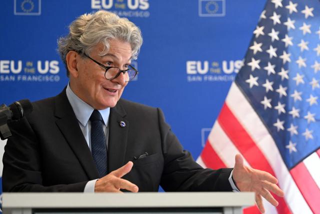 (FILES) European Commissioner for Internal Market, Thierry Breton, speaks during a news conference at the European Union office in San Francisco, California, on June 22, 2023. France's President and the French political class in general—except for certain voices within the RN—on December 24, 2025, condemned the Trump administration’s decision to ban former European Commissioner Thierry Breton and four other European figures from entering the country because of their efforts to regulate digital platforms, seeing it as an attack on European sovereignty. (Photo by Josh Edelson / AFP)