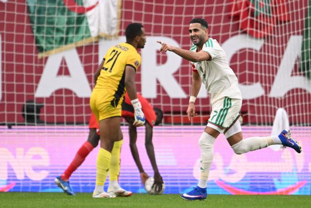 Algeria's forward #7 Riyad Mahrez celebrates scoring the team's second goal during the Africa Cup of Nations (CAN) Group E football match between Algeria and Sudan at Moulay Hassan Stadium in Rabat on December 24, 2025. (Photo by SEBASTIEN BOZON / AFP)