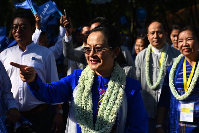 Thet Thet Khine, chairperson of the People's Pioneer Party (PPP), attends an election campaign event in Yangon on December 25, 2025. (Photo by Sai Aung MAIN / AFP)