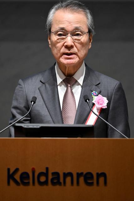 Yoshinobu Tsutsui, Chairman of the Japan Business Federation, or Keidanren, delivers a speech at the Keidanren 14th Council Meeting, in Tokyo on December 25, 2025. (Photo by Kazuhiro NOGI / AFP)