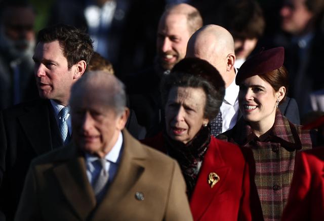 Britain's King Charles III (2L) walks with Jack Brooksbank (L), Britain's Prince William, Prince of Wales (C), Britain's Princess Anne, Princess Royal (3R), Britain's Princess Eugenie of York (R),and others as they arrive for the Royal Family's traditional Christmas Day service at St Mary Magdalene Church on the Sandringham Estate in eastern England, on December 25, 2025. (Photo by HENRY NICHOLLS / AFP)