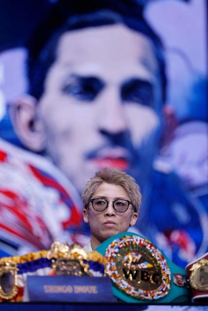 Japan's boxer Naoya Inoue attends the final press conference at the Boulevard Entertainment City, In Riyadh on December 25, 2025, ahead of the final major fight card of the year against Mexico's David Picasso presented by the Riyadh season entitled "The Ring V night of Samurai". The fight will take place at the Mohammed Abdo Arena, in Riyadh on December 27, 2025. (Photo by Fayez Nureldine / AFP)