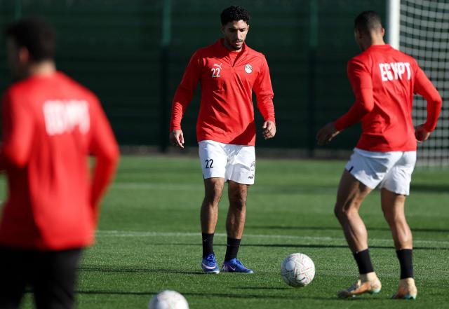 Egypt's forward #22 Omar Marmoush (C) attends a training session at the Stadium in Taghzout, Morocco, on December 25, 2025, on the eve of the 2025 Africa Cup of Nations (CAN) football match between Egypt and South Africa. (Photo by FRANCK FIFE / AFP)