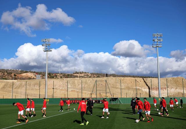 Egypt's players attends a training session at the Stadium in Taghzout, Morocco, on December 25, 2025, on the eve of the 2025 Africa Cup of Nations (CAN) football match between Egypt and South Africa. (Photo by FRANCK FIFE / AFP)