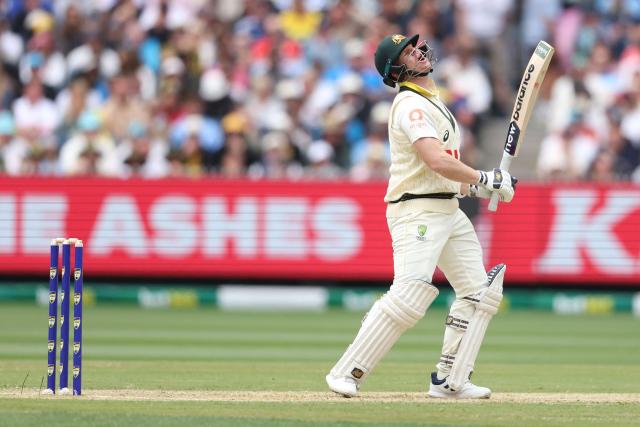 Australia's Steve Smith reacts during the first day of the fourth Ashes cricket Test match between Australia and England at the Melbourne Cricket Ground (MCG) in Melbourne on December 26, 2025. (Photo by Martin KEEP / AFP)