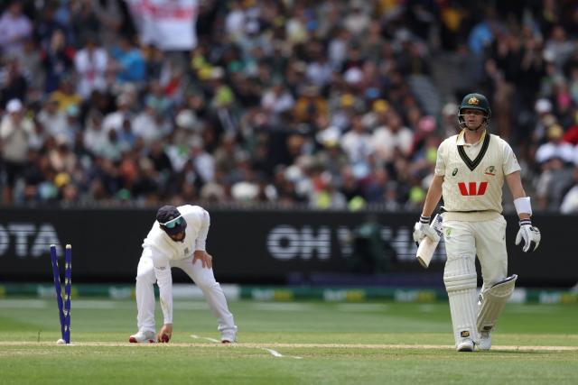 Australia's Steve Smith leaves the field after being dismissed by England's Josh Tongue during the first day of the fourth Ashes cricket Test match between Australia and England at the Melbourne Cricket Ground (MCG) in Melbourne on December 26, 2025. (Photo by Martin KEEP / AFP)
