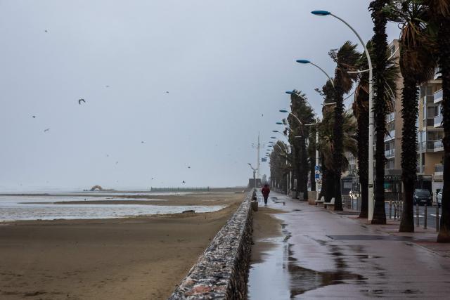 A pedestrian walks dogs with a view of the seafront and beach promenade at Canet en Roussillon in the Pyrenees-Orientales department in the south-west of France on December 26, 2025. Currently under a Meteo France alert, the Pyrenees Orientales are experiencing flooding and rainfall of more than 200mm per hour across the department. (Photo by Jean-Christophe MILHET / AFP)