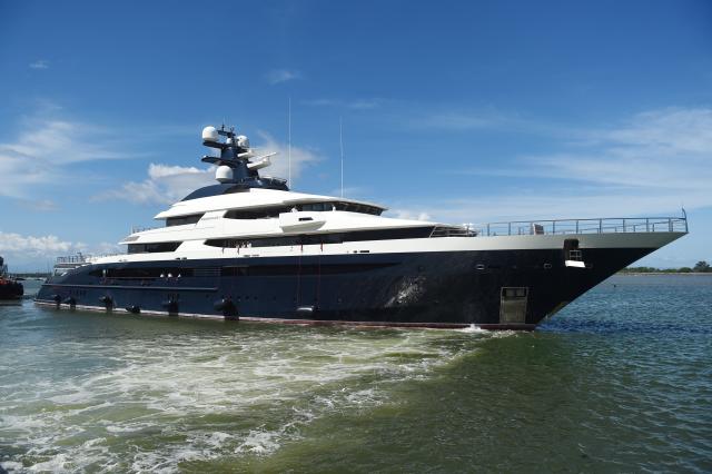 (FILES) The Cayman Island-registered vessel Equanimity, which was reportedly worth some 250 million USD and is owned by Jho Low, a former unofficial adviser to the Malaysian fund 1MDB, is pictured at Benoa Harbour on Indonesia's resort island of Bali on April 13, 2018. Former Malaysian prime minister Najib Razak was found guilty on December 26, 2025 of abusing his power to plunder millions of dollars from the country's now defunct sovereign wealth fund and laundering the proceeds. (Photo by SONNY TUMBELAKA / AFP)